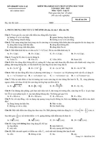 Đề kiểm tra khảo sát chất lượng đầu năm môn Vật lí Lớp 12 - Năm học 2018-2019 - Sở GD&ĐT Gia Lai - Mã đề thi 294