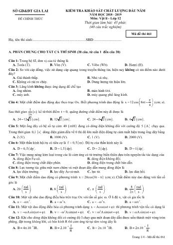 Đề kiểm tra khảo sát chất lượng đầu năm môn Vật lí Lớp 12 - Năm học 2018-2019 - Sở GD&ĐT Gia Lai - Mã đề thi 461