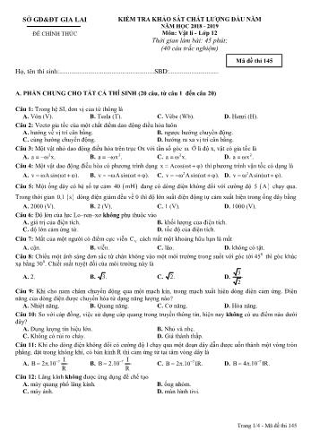 Đề kiểm tra khảo sát chất lượng đầu năm môn Vật lí Lớp 12 - Năm học 2018-2019 - Sở GD&ĐT Gia Lai - Mã đề thi 145