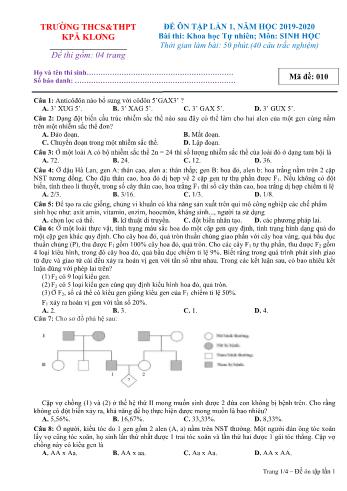 Đề ôn tập lần 1 môn Sinh học Lớp 12 - Năm học 2019-2020 - Trường THCS & THPT Kpă Klơng