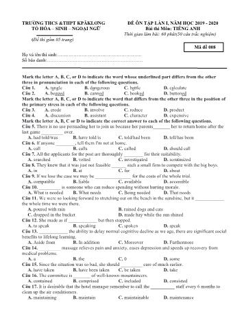 Đề ôn tập lần 1 môn Tiếng Anh Lớp 12 - Năm học 2019-2020 - Trường THCS & THPT Kpă Klơng