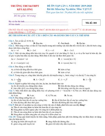 Đề ôn tập lần 1 môn Vật lí Lớp 12 - Năm học 2019-2020 - Trường THCS & THPT Kpă Klơng