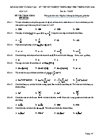 Đề thi tham khảo kì thi tốt nghiệp THPT năm 2020 môn Toán - Sở GD&ĐT Gia Lai - Đề số 6