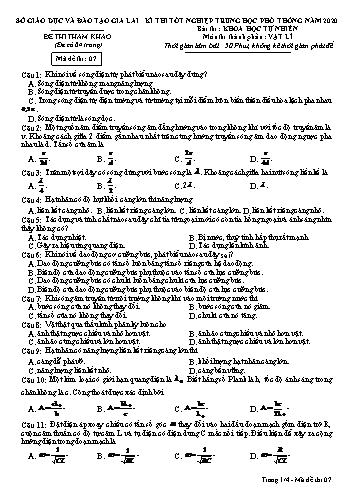 Đề thi tham khảo kì thi tốt nghiệp THPT năm 2020 môn Vật lí - Sở GD&ĐT Gia Lai - Đề số 7