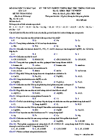 Đề thi tham khảo kì thi tốt nghiệp Trung học Phổ thông năm 2020 môn Hóa học - Sở GD&ĐT Gia Lai - Mã đề 009