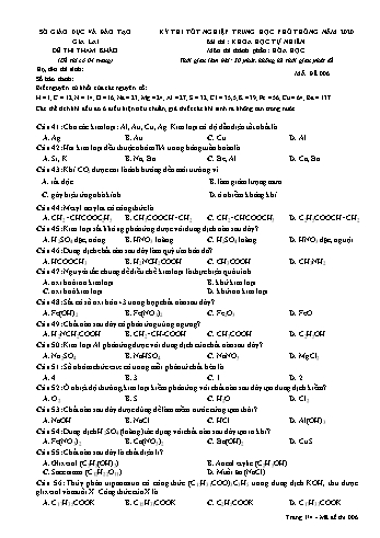 Đề thi tham khảo kì thi tốt nghiệp Trung học Phổ thông năm 2020 môn Hóa học - Sở GD&ĐT Gia Lai - Mã đề 006