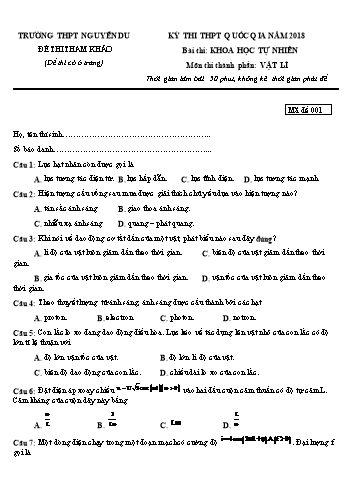 Đề thi tham khảo THPT Quốc gia năm 2018 môn Vật lí - Trường THPT Nguyễn Du (Có đáp án)