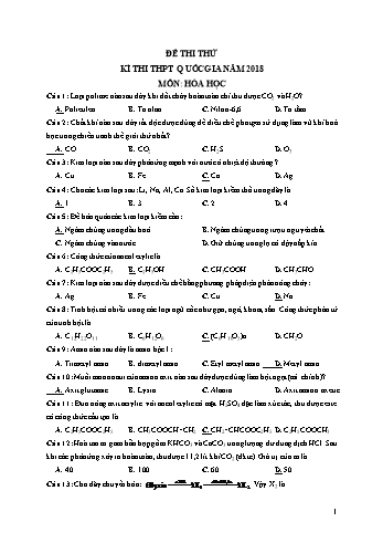 Đề thi thử kì thi THPT Quốc gia năm 2018 môn Hóa học (Có đáp án)