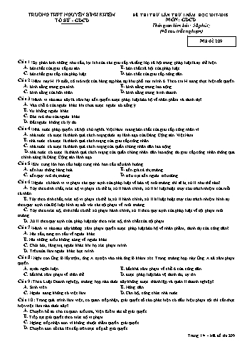 Đề thi thử lần thứ I môn Giáo dục công dân Lớp 12 - Trường THPT Nguyễn Bỉnh Khiêm - Năm học 2017-2018 - Mã đề 209 (Có đáp án)