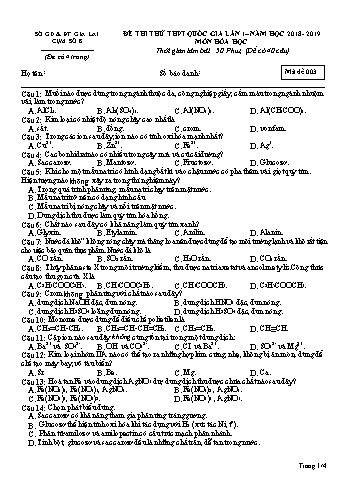 Đề thi thử THPT Quốc gia lần 1 môn Hóa học - Năm học 2018-2019 - Sở GD&ĐT Gia Lai - Mã đề 003 (Có đáp án)