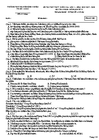 Đề thi thử THPT Quốc gia lần 1 môn Lịch sử 12 - Trường THPT Nguyễn Bỉnh Khiêm - Năm học 2017-2018 - Mã đề 255 (Có đáp án)