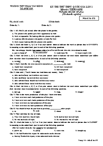 Đề thi thử THPT Quốc gia lần 1 môn Tiếng Anh - Trường THPT Phạm Văn Đồng - Mã đề 573 (Có đáp án)