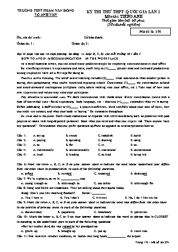 Đề thi thử THPT Quốc gia lần 1 môn Tiếng Anh - Trường THPT Phạm Văn Đồng - Mã đề 274 (Có đáp án)