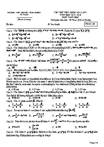 Đề thi thử THPT Quốc gia lần 1 môn Toán học - Trường THPT Nguyễn Bỉnh Khiêm - Năm học 2017-2018 - Mã đề 104 (Có đáp án)
