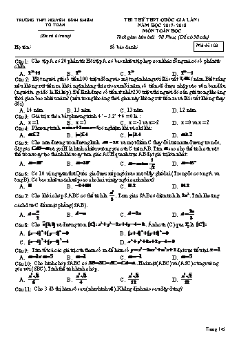 Đề thi thử THPT Quốc gia lần 1 môn Toán học - Trường THPT Nguyễn Bỉnh Khiêm - Năm học 2017-2018 - Mã đề 103 (Có đáp án)