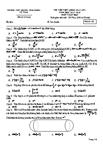 Đề thi thử THPT Quốc gia lần 1 môn Toán học - Trường THPT Nguyễn Bỉnh Khiêm - Năm học 2017-2018 - Mã đề 102 (Có đáp án)