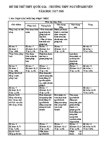 Đề thi thử THPT Quốc gia môn Giáo dục công dân - Năm học 2017-2018 - Trường THPT Nguyễn Khuyến (Có ma trận)