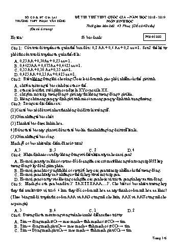 Đề thi thử THPT Quốc gia môn Sinh học - Năm học 2018-2019 - Trường THPT Phạm Văn Đồng - Mã đề 002 (Có đáp án)