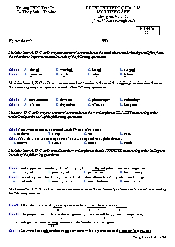 Đề thi thử THPT Quốc gia môn Tiếng Anh - Trường THPT Trần Phú (Có đáp án)