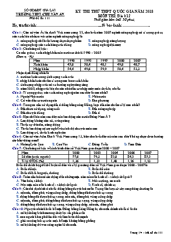 Đề thi thử THPT Quốc gia năm 2018 môn Địa lí Lớp 12 - Trường THPT Chu Văn An - Mã đề thi 111 (Có đáp án)