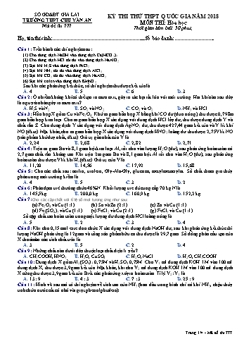 Đề thi thử THPT Quốc gia năm 2018 môn Hóa học - Trường THPT Chu Văn An - Mã đề thi 777 (Có đáp án)