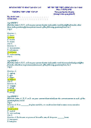 Đề thi thử THPT Quốc gia năm 2018 môn Tiếng Anh - Trường THPT Chu Văn An - Đề gốc (Có đáp án)