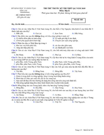 Đề thi thử trước kỳ thi THPT Quốc gia năm 2018 môn Địa lí Lớp 12 - Sở GD&ĐT Gia Lai - Mã đề 001