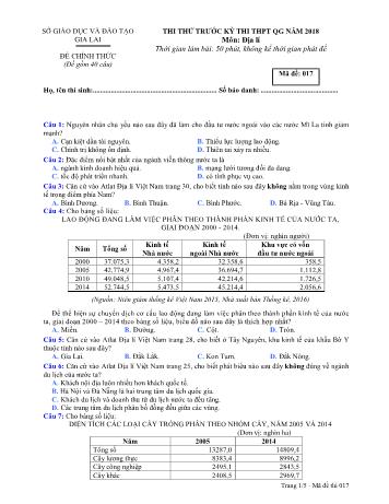 Đề thi thử trước kỳ thi THPT Quốc gia năm 2018 môn Địa lí Lớp 12 - Sở GD&ĐT Gia Lai - Mã đề 017