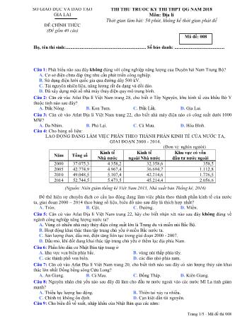 Đề thi thử trước kỳ thi THPT Quốc gia năm 2018 môn Địa lí Lớp 12 - Sở GD&ĐT Gia Lai - Mã đề 008