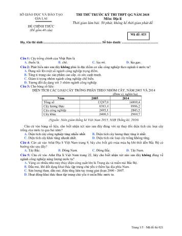 Đề thi thử trước kỳ thi THPT Quốc gia năm 2018 môn Địa lí Lớp 12 - Sở GD&ĐT Gia Lai - Mã đề 021