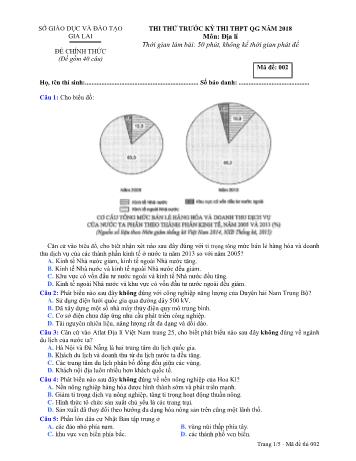 Đề thi thử trước kỳ thi THPT Quốc gia năm 2018 môn Địa lí Lớp 12 - Sở GD&ĐT Gia Lai - Mã đề 002