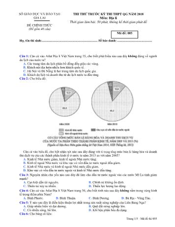 Đề thi thử trước kỳ thi THPT Quốc gia năm 2018 môn Địa lí Lớp 12 - Sở GD&ĐT Gia Lai - Mã đề 005
