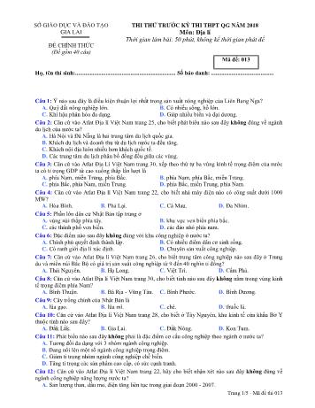 Đề thi thử trước kỳ thi THPT Quốc gia năm 2018 môn Địa lí Lớp 12 - Sở GD&ĐT Gia Lai - Mã đề 013