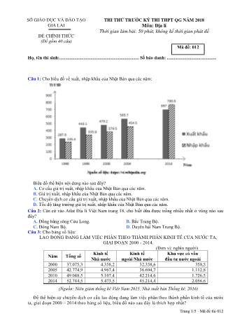 Đề thi thử trước kỳ thi THPT Quốc gia năm 2018 môn Địa lí Lớp 12 - Sở GD&ĐT Gia Lai - Mã đề 012