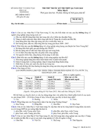 Đề thi thử trước kỳ thi THPT Quốc gia năm 2018 môn Địa lí Lớp 12 - Sở GD&ĐT Gia Lai - Mã đề 016