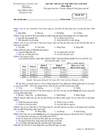 Đề thi thử trước kỳ thi THPT Quốc gia năm 2018 môn Địa lí Lớp 12 - Sở GD&ĐT Gia Lai - Mã đề 015