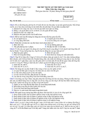 Đề thi thử trước kỳ thi THPT Quốc gia năm 2018 môn Giáo dục công dân Lớp 12 - Sở GD&ĐT Gia Lai - Mã đề 019