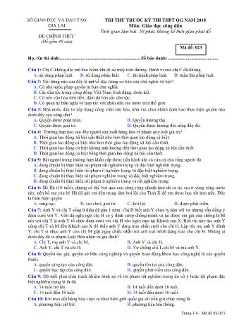 Đề thi thử trước kỳ thi THPT Quốc gia năm 2018 môn Giáo dục công dân Lớp 12 - Sở GD&ĐT Gia Lai - Mã đề 023