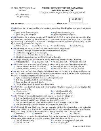 Đề thi thử trước kỳ thi THPT Quốc gia năm 2018 môn Giáo dục công dân Lớp 12 - Sở GD&ĐT Gia Lai - Mã đề 021