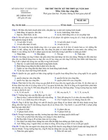 Đề thi thử trước kỳ thi THPT Quốc gia năm 2018 môn Giáo dục công dân Lớp 12 - Sở GD&ĐT Gia Lai - Mã đề 001