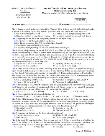 Đề thi thử trước kỳ thi THPT Quốc gia năm 2018 môn Giáo dục công dân Lớp 12 - Sở GD&ĐT Gia Lai - Mã đề 018