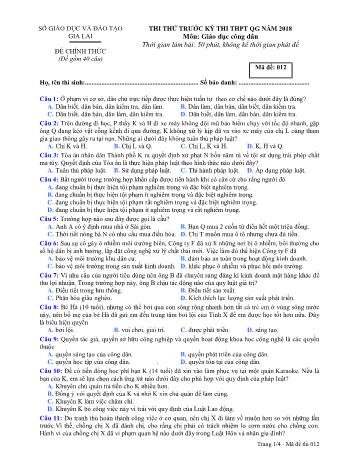Đề thi thử trước kỳ thi THPT Quốc gia năm 2018 môn Giáo dục công dân Lớp 12 - Sở GD&ĐT Gia Lai - Mã đề 012