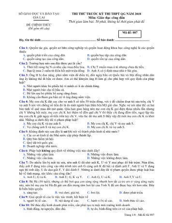 Đề thi thử trước kỳ thi THPT Quốc gia năm 2018 môn Giáo dục công dân Lớp 12 - Sở GD&ĐT Gia Lai - Mã đề 007