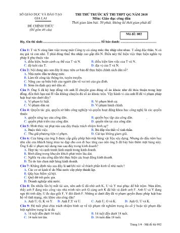 Đề thi thử trước kỳ thi THPT Quốc gia năm 2018 môn Giáo dục công dân Lớp 12 - Sở GD&ĐT Gia Lai - Mã đề 002