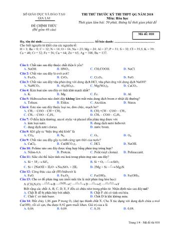 Đề thi thử trước kỳ thi THPT Quốc gia năm 2018 môn Hóa học Lớp 12 - Sở GD&ĐT Gia Lai - Mã đề 010