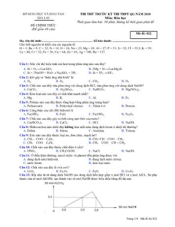 Đề thi thử trước kỳ thi THPT Quốc gia năm 2018 môn Hóa học Lớp 12 - Sở GD&ĐT Gia Lai - Mã đề 022