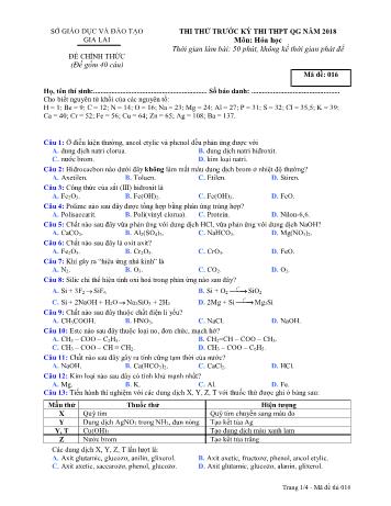 Đề thi thử trước kỳ thi THPT Quốc gia năm 2018 môn Hóa học Lớp 12 - Sở GD&ĐT Gia Lai - Mã đề 016