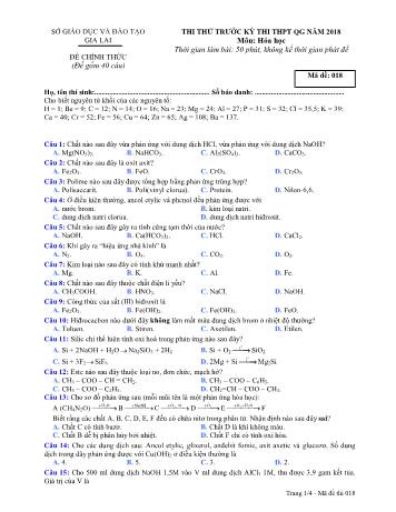 Đề thi thử trước kỳ thi THPT Quốc gia năm 2018 môn Hóa học Lớp 12 - Sở GD&ĐT Gia Lai - Mã đề 018
