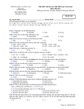 Đề thi thử trước kỳ thi THPT Quốc gia năm 2018 môn Hóa học Lớp 12 - Sở GD&ĐT Gia Lai - Mã đề 023
