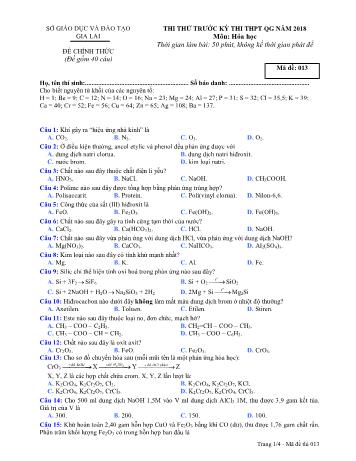 Đề thi thử trước kỳ thi THPT Quốc gia năm 2018 môn Hóa học Lớp 12 - Sở GD&ĐT Gia Lai - Mã đề 013